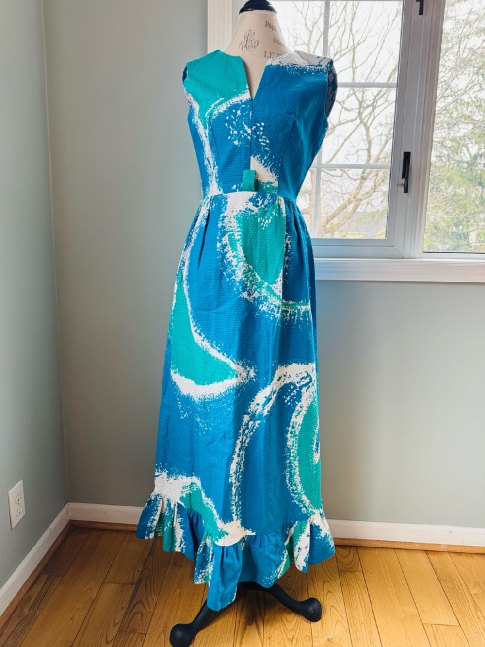 Malia of Honolulu vintage waffle bark cloth maxi Hawaiian sleeveless dress XS‎